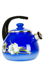 Blue, metal kettle on a white background