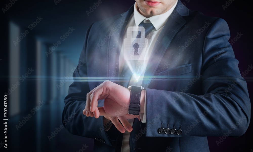 Poster composite image of businessman using hologram watch