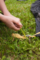 młodzi ludzie rozkładają namiot na kempingu w słoneczny dzień  © Mirek