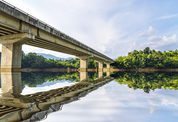 River under bridge with blue skies
