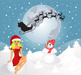 Card with Santa, Snowman and Snow Maiden. vector