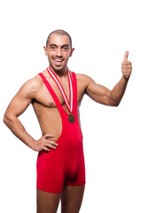 Wrestler in red dress isolated on the white background