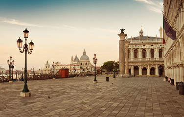 Fototapeta na wymiar Panoramic view to San Marco square in Venice, Italy early in the