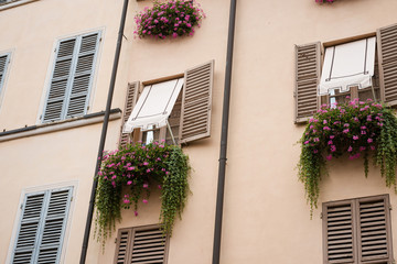 Fototapeta na wymiar Vintage windows with open wooden shutters and fresh flowers