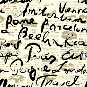Travel background with inscriptions name of cities