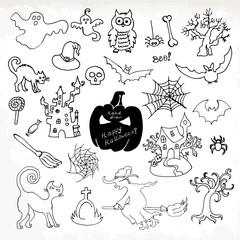 Sketch doodle Halloween icon set. Hand draw vector illustration