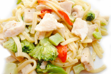 Close Up of Chicken and Broccoli with Pasta Noodles