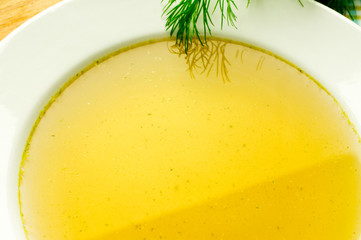 Chicken stock, bouillon, broth, clear soup.
