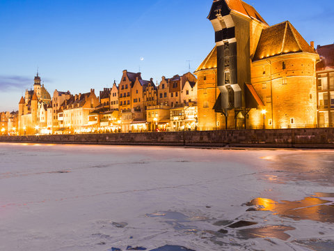 Moltawa river and the crane Gdansk Poland. Winter night scenery