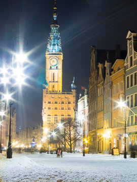 City hall old town Gdansk Poland Europe. Winter night scenery.