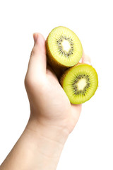 Fresh kiwi fruit in hand on white background