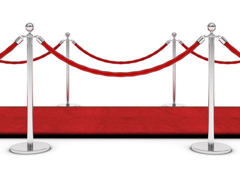 red carpet and silver-colored barriers with red cords. White background. nobody around. concept of prestige and exclusivity. fame.