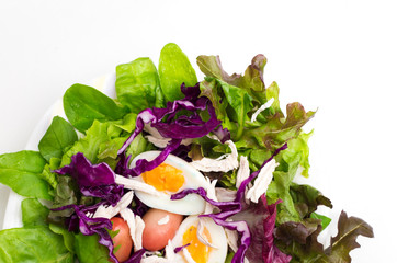 Fresh salad with boiled egg in a white plate