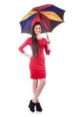 Young woman with umbrella on white