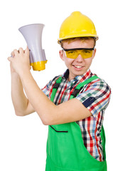 Funny construction worker with loudspeaker on white
