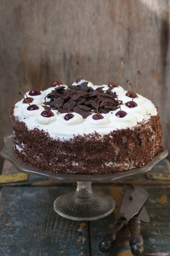Chocolate cherry cake with whipped cream