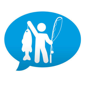 Etiqueta tipo app azul comentario simbolo pescador con pez