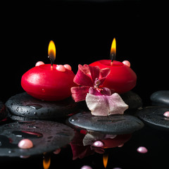spa still life of red candles, zen stones with drops, orchid cam