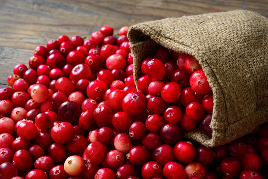 Cranberries in fabric bag on wooden background