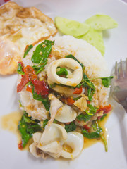Stir-fried spicy squid and basil with rice and fried egg
