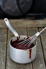 Melted chocolate in a pan, selective focus