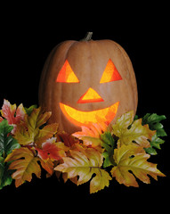 Glowing carved pumpkin in autumn leaves