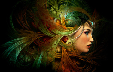 Lady with an elegant headdress, CG - obrazy, fototapety, plakaty