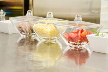 raw ingredients for octopus recipe over chef kitchen top