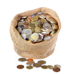 Money bag with coins isolated over white