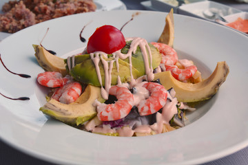 Mixed Salad With Cooked Shrimp And Avocado