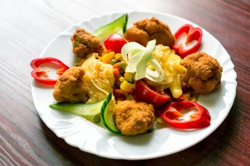 Delicious food on white plate
