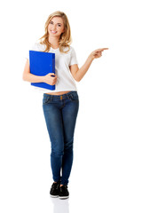 Student woman showing copyspace