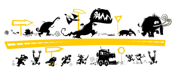 Fototapeta premium Running Silhouettes on the Evolution scale with road signs.