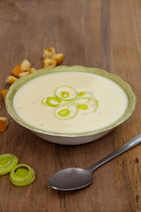 Bowl of Leek and Potato soup with croutons