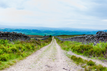 Fototapeta na wymiar Empty lane with stone fences in Lancashire countryside, UK