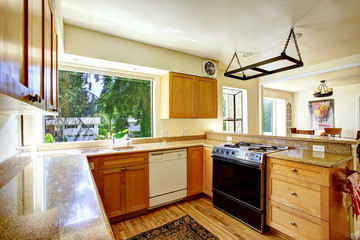Simple kitchen interior with wooden cabinets and granite tops