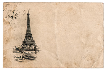 Fototapeta na wymiar vintage postcard with Eiffel Tower in Paris, France