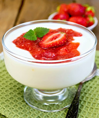 Dessert milk with strawberry in goblet on napkin