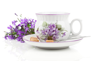 vintage coffee or tea cups, with blue flowers isolated over whit