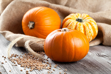 Autumn pumpkins on wooden board