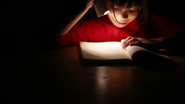 Dolly Cute Asian girl reading book in darkness, with flashlig