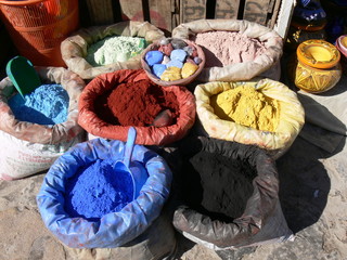 Bags with colorful spices on a market in Morocco