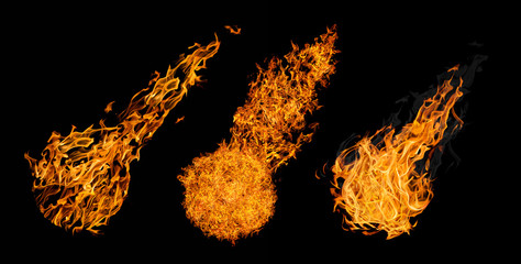 set of three balls of fire isolated on black