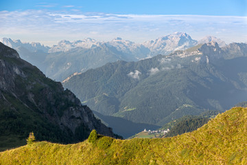 Fototapeta premium Village in Dolomites, Passo Giau, Alps, Italy