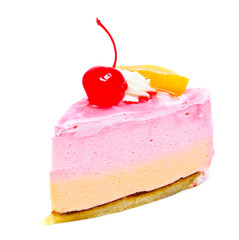 Piece of cream cake with cherry on top isolated