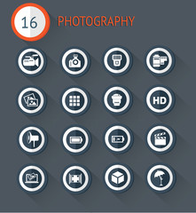 Photography flat icon set on dark background,vector