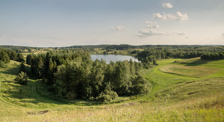 Fototapeta na wymiar Lake in the trees panorama
