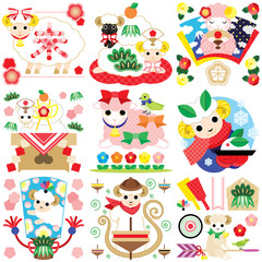 Obraz premium 2015年未年年賀状用イラストカットデザイン素材集（縁起物とひつじのキャラクター）カラフル９点