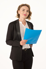 Business woman in a jacket with a folder in hands
