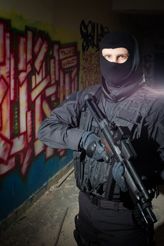 Anti terrorist unit policeman/soldier during night mission